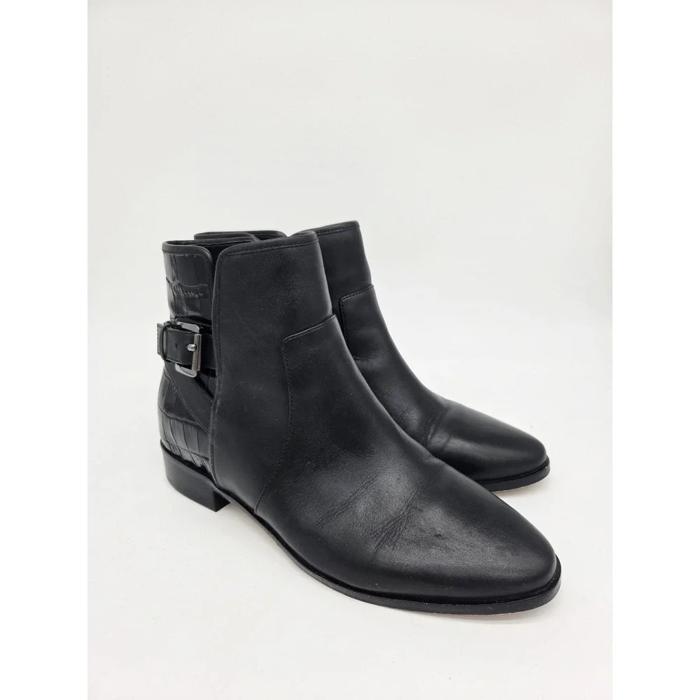 Michael Kors Womens Black Leather Boots Croc Embossed 7.5M Buckle Bootie